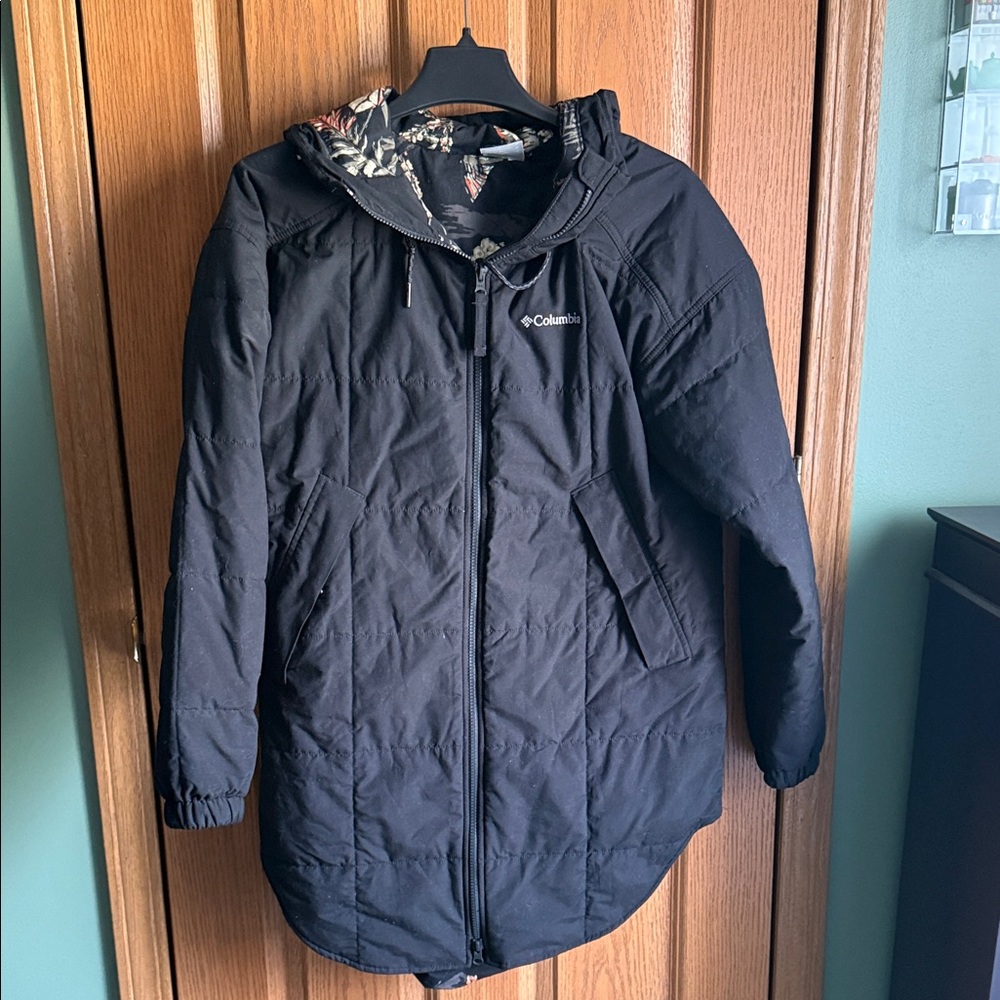 Columbia Black Hooded Puffer Coat with Floral Lining
Reversible